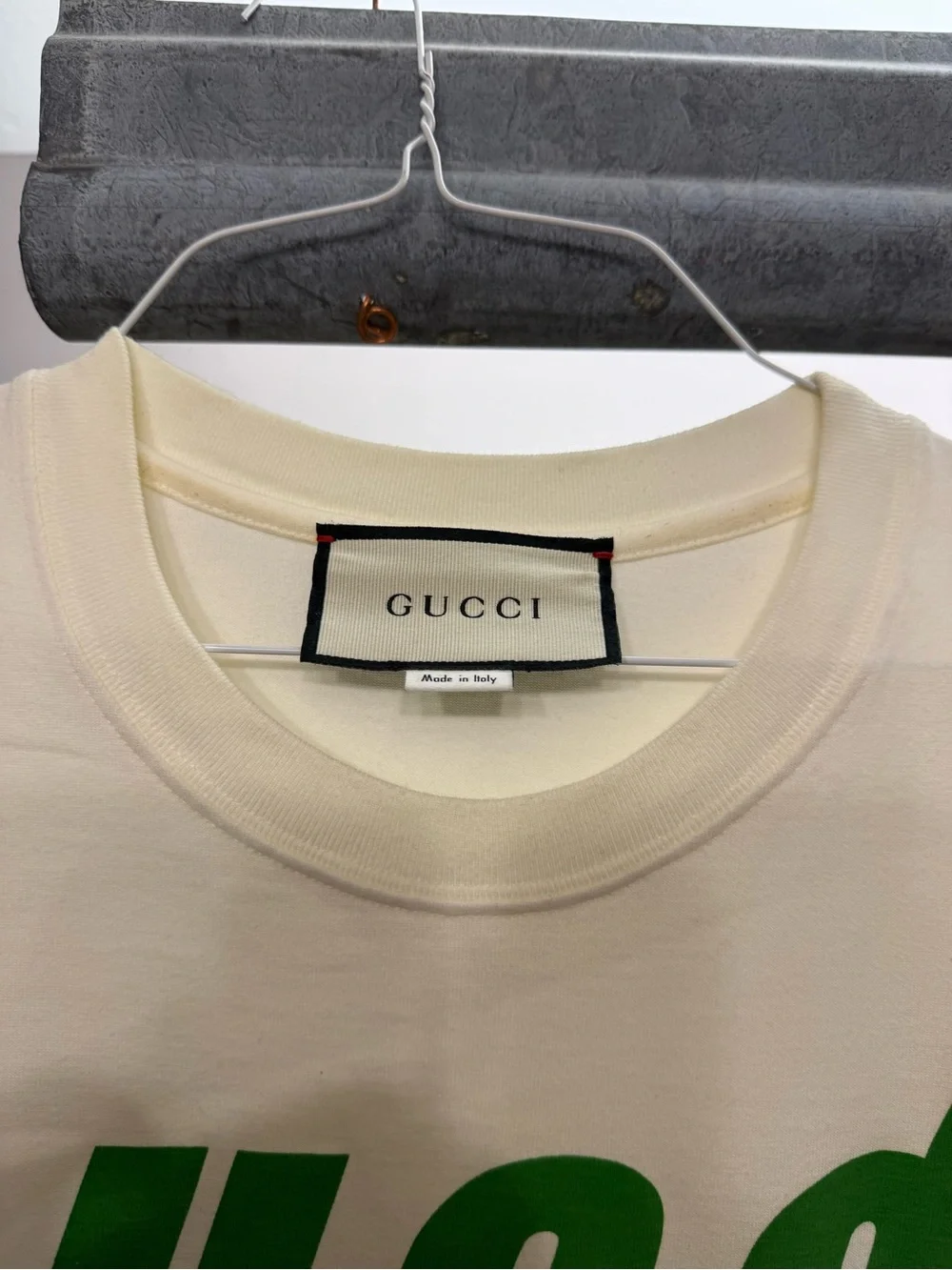 Gucci Cream Crewneck T-Shirt with Green Graphic